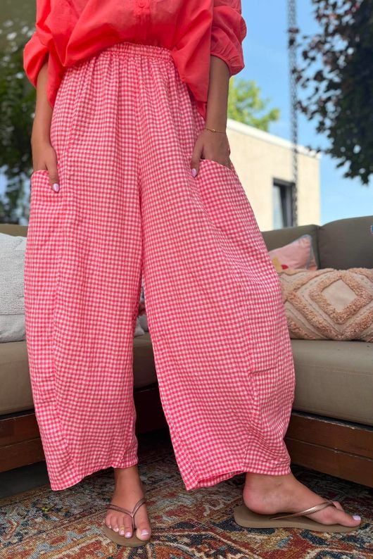 Arbi Gingham Relaxed Barrel Pant Sherbet Coral